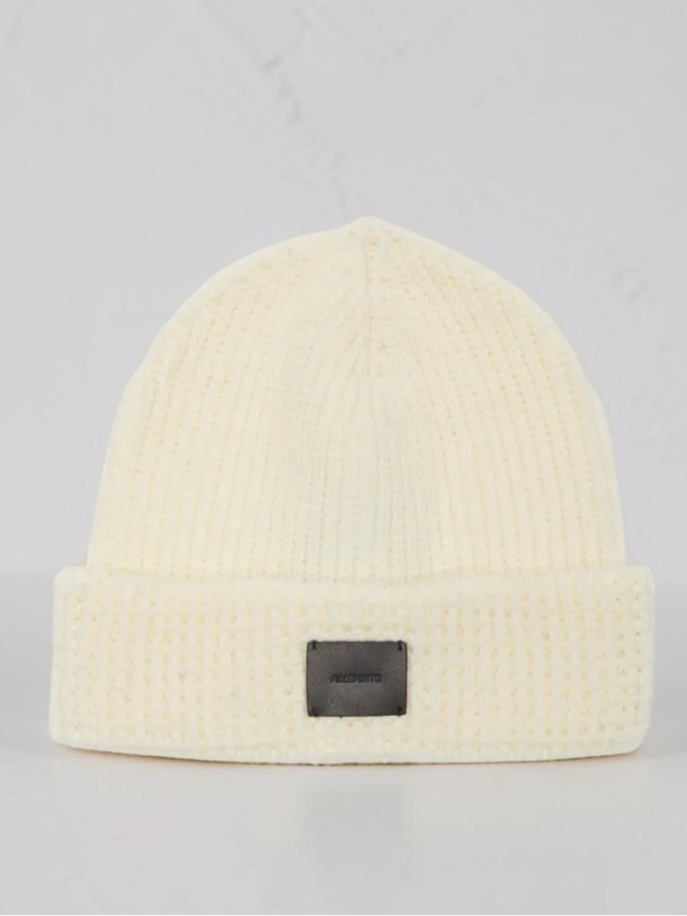 AllSaints Angled Stitch Beanie Ivory Cream Knit Hat Leather Logo Patch NWT